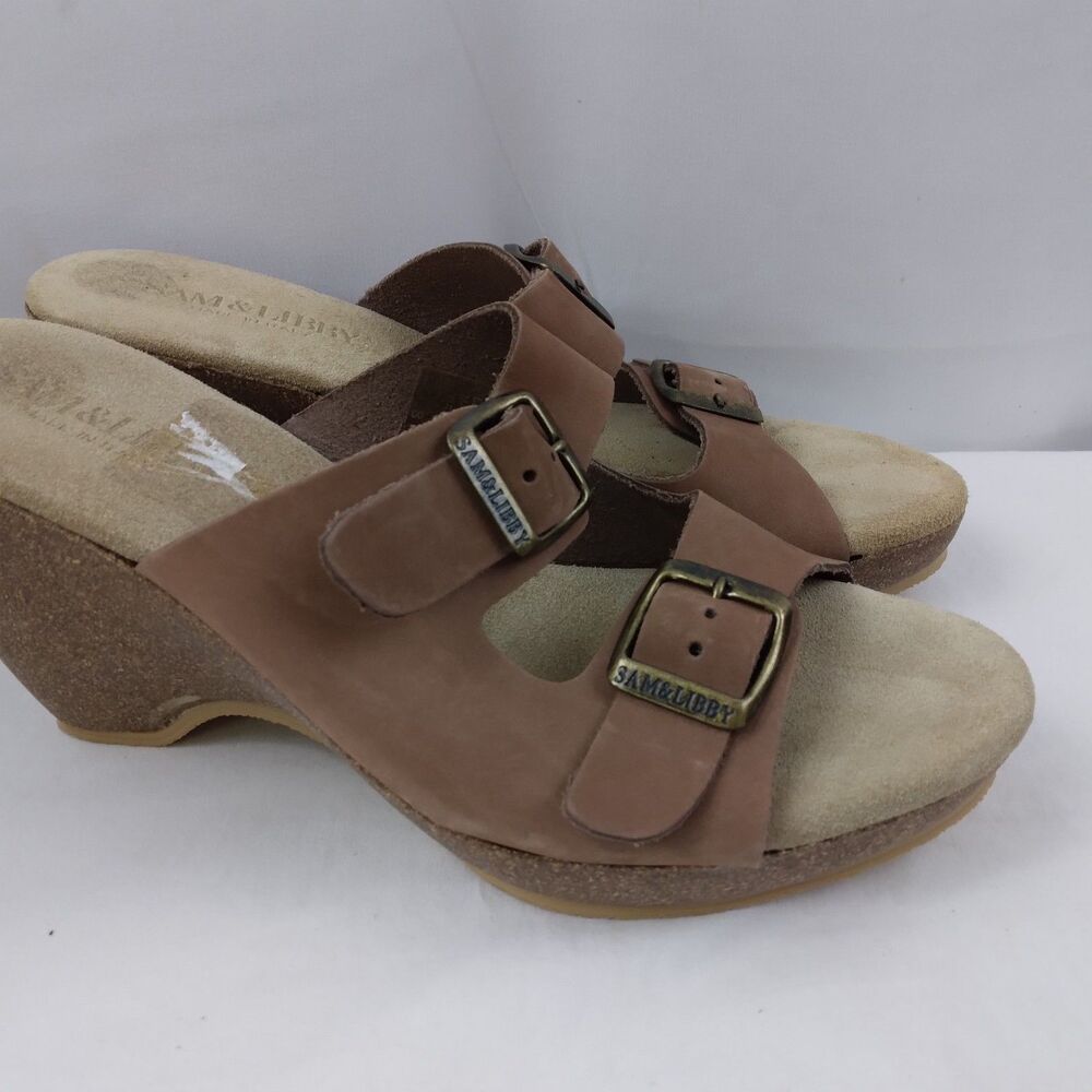 Sam & Libby Brookfield Slide Wedge Sandals Brown Leather Double Buckle Boho 8 - Picture 2 of 14